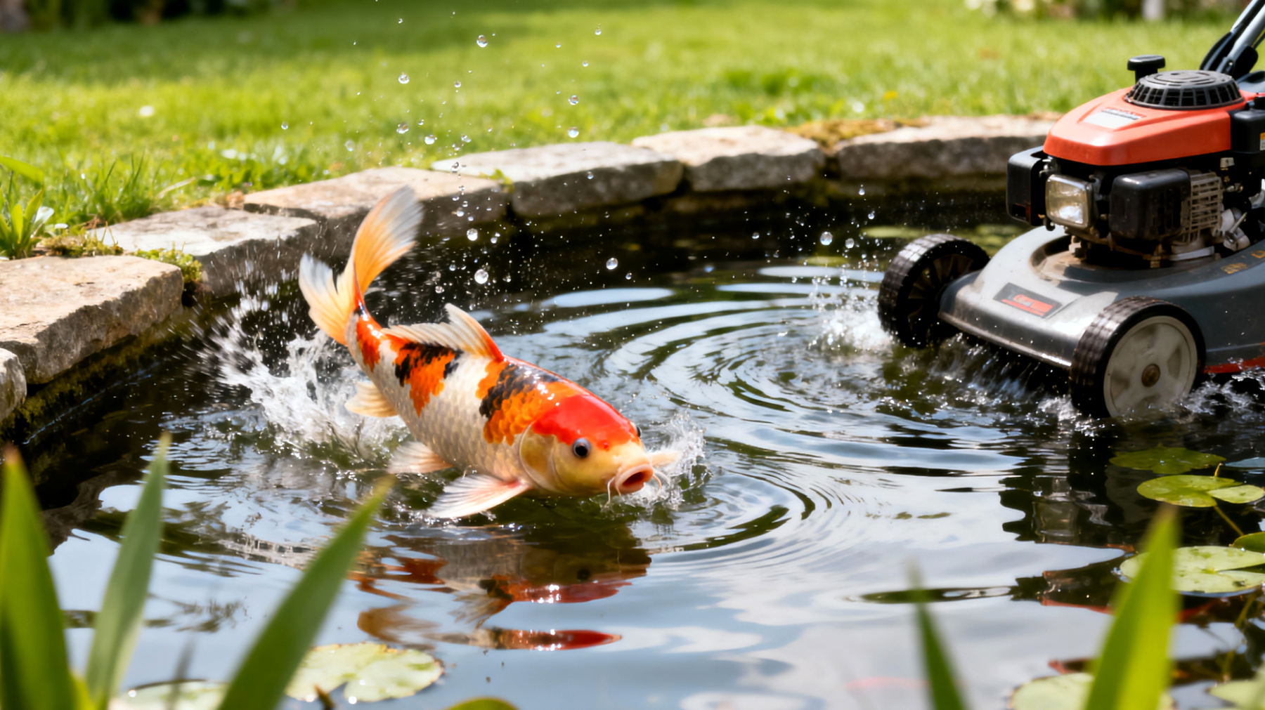 Gartenteich-Fische zeigen Stressanzeichen durch laute Gartenarbeiten, Rasenmäher und andere Störgeräusche, die ihr natürliches Verhalten beeinträchtigen und zu erhöhtem Stress führen"
