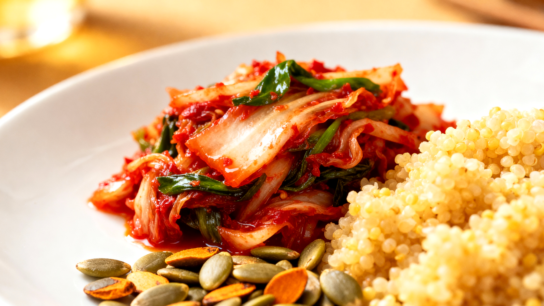 Kimchi mit gekochtem Hirse und gerösteten Kürbiskernen"