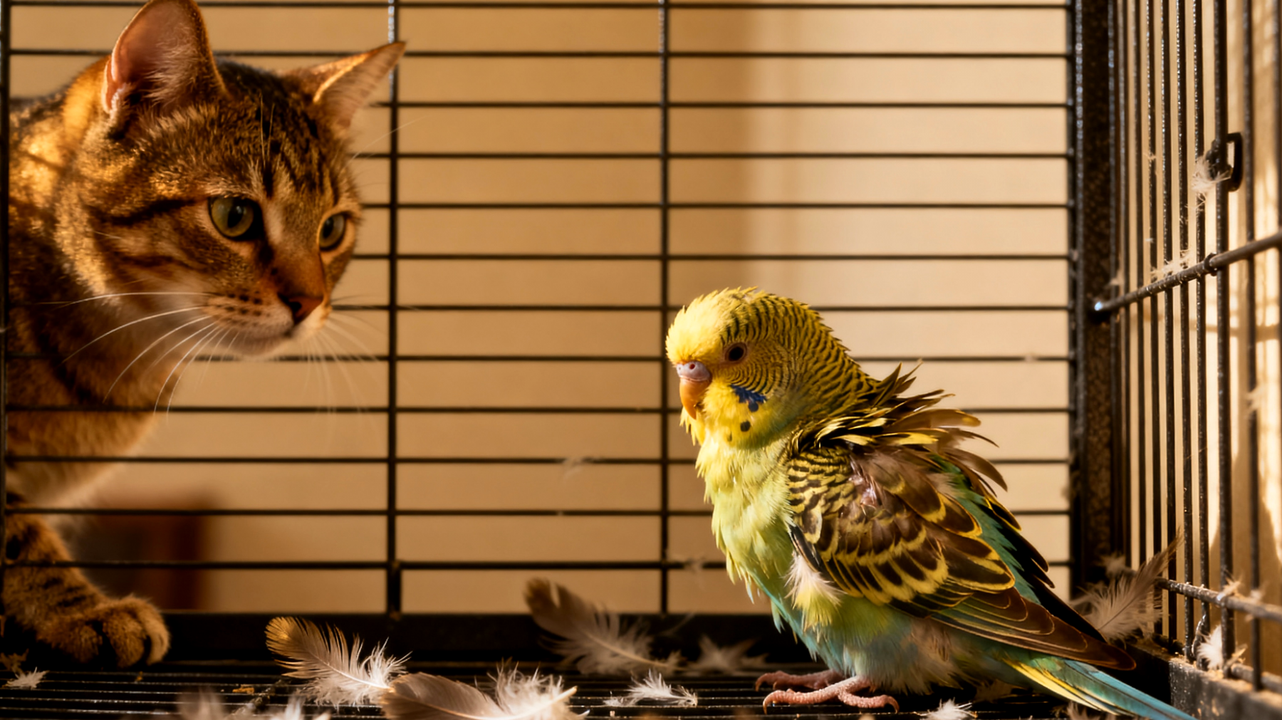 Wellensittiche zeigen Anzeichen von Stress und Aggression beim Zusammenleben mit anderen Haustieren, was zu Federpicken, übermäßigem Schreien und Rückzugsverhalten führen kann"