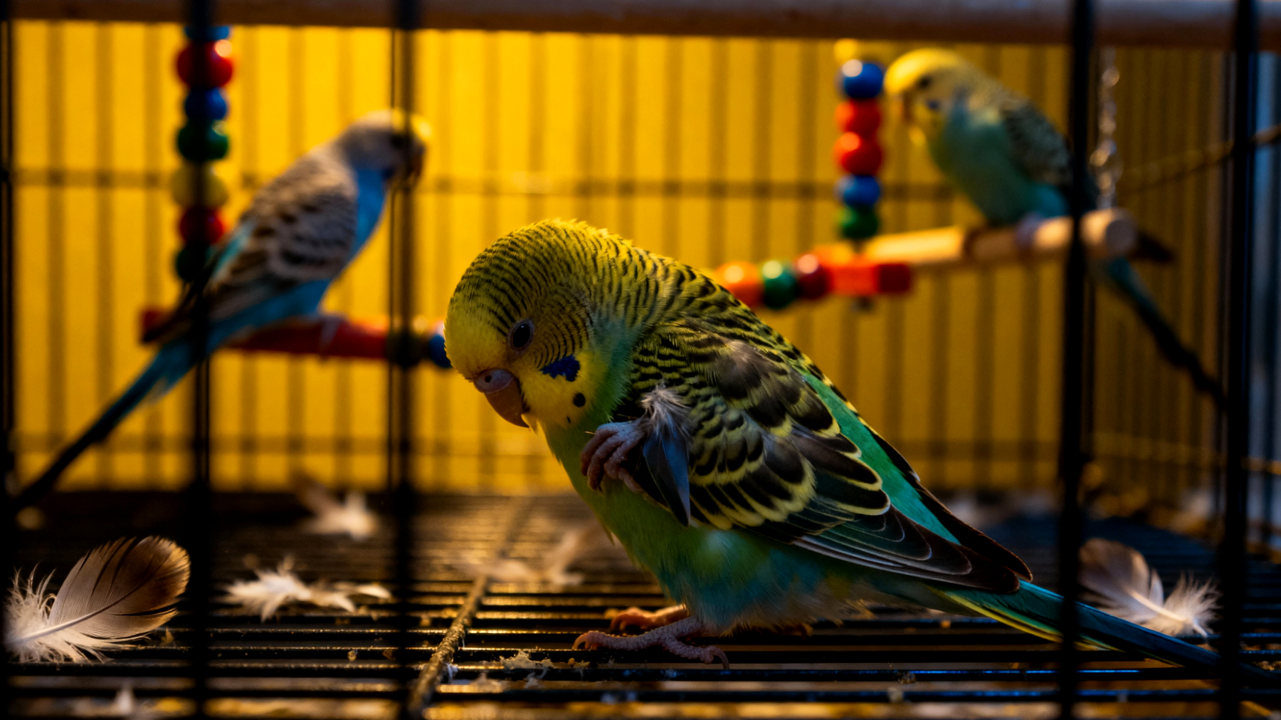 Wellensittiche zeigen Langeweile und destruktives Verhalten, wenn sie nicht ausreichend geistig stimuliert werden, besonders in Gegenwart anderer Vögel, wo Konkurrenzkampf um Aufmerksamkeit und Ressourcen entstehen kann"